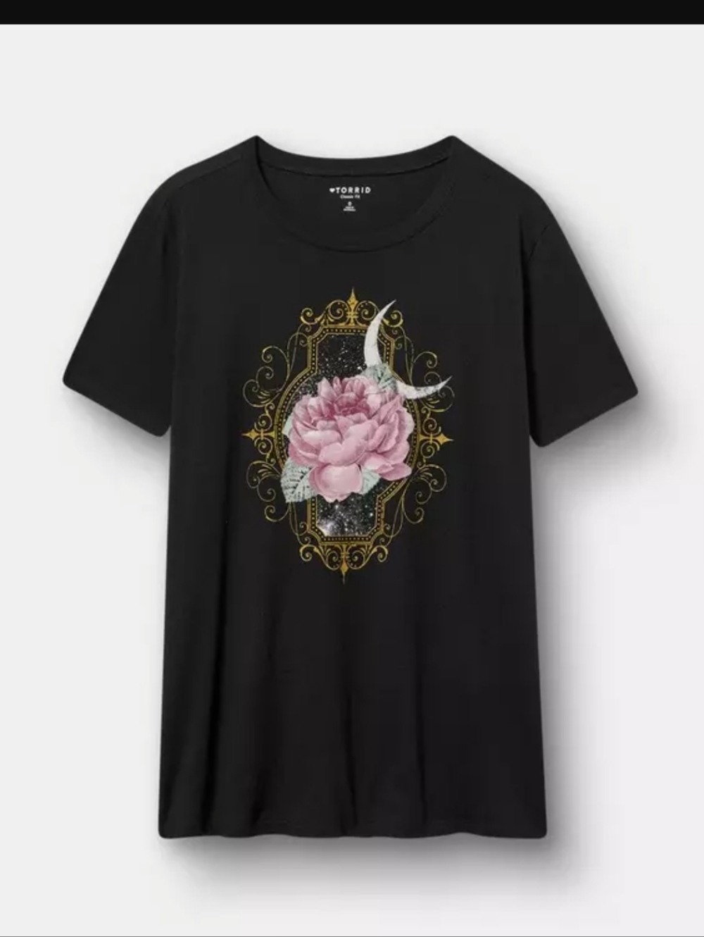 Torrid Black Graphic Tee with Pink Floral & Gold Frame